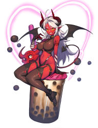 Rule 34 | 1girl, ahoge, arm tattoo, bare shoulders, breasts, bubble tea, colored skin, demon girl, demon horns, demon tail, demon wings, earrings, full body, gloves, heart, hellk111, highres, horns, jewelry, large breasts, long hair, looking at viewer, navel, o-ring, o-ring legwear, original, pointy ears, red skin, simple background, sitting, skull, sleeveless, solo, tail, tattoo, teeth, thighhighs, white background, white hair, wings, yellow eyes