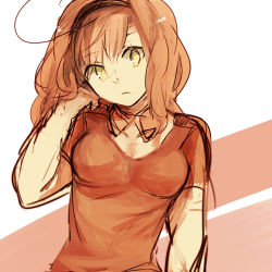 1girl ahoge axis_powers_hetalia bad_id bad_pixiv_id breasts brown_hair cleavage detached_collar female_focus frown genderswap genderswap_(mtf) green_eyes hairband hand_in_own_hair long_hair lowres pomuta_(tama922) short_sleeves sketch solo southern_italy_(hetalia)