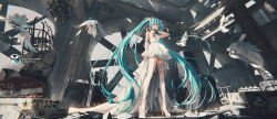 Rule 34 | 1girl, absurdres, aqua eyes, aqua hair, bird, bow, commentary request, dress, duona, full body, hair bow, hatsune miku, high heels, highres, holding, holding microphone, long hair, looking at viewer, microphone, single thighhigh, sleeveless, sleeveless dress, solo, speaker, standing, thighhighs, twintails, very long hair, vocaloid, white bow, white dress, white footwear, white thighhighs