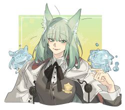 Rule 34 | 1girl, :d, animal ears, arknights, black ribbon, cardigan, cat ears, commentary request, green eyes, green hair, grey cardigan, harmonie (arknights), highres, horn (arknights), long hair, long sleeves, looking at viewer, mandragora (arknights), neck ribbon, open mouth, ribbon, smile, vuendor