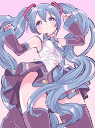 Rule 34 | 1girl, amezawa koma, bare shoulders, blue eyes, blue hair, blue necktie, blush, boots, collared shirt, detached sleeves, from below, gradient background, hair ornament, hatsune miku, headset, highres, long hair, looking at viewer, necktie, pleated skirt, pout, shirt, skirt, sleeveless, sleeveless shirt, solo, thigh boots, thighhighs, thighs, twintails, very long hair, vocaloid, white shirt, zettai ryouiki