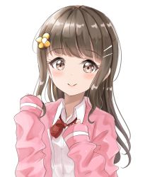 Rule 34 | 1girl, absurdres, blush, bow, brown eyes, brown hair, closed mouth, collared shirt, commentary request, drawstring, dress shirt, flower, hair flower, hair ornament, hairclip, hands up, highres, jacket, long hair, long sleeves, open clothes, open jacket, original, pink jacket, red bow, shirt, simple background, sin (sin52y), sleeves past wrists, smile, solo, upper body, white background, white shirt, yellow flower