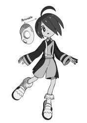 Rule 34 | 1boy, ahoge, allister (pokemon), arrow (symbol), bad id, bad twitter id, black hair, bright pupils, collared shirt, creatures (company), full body, game freak, gloves, greyscale, highres, long sleeves, looking at viewer, male focus, mask, mole, mole under mouth, monochrome, nintendo, open mouth, partially fingerless gloves, pokemon, pokemon swsh, shirt, shoes, short hair, shorts, single glove, solo, suspender shorts, suspenders, tongue, white pupils, yoshi (moco1)