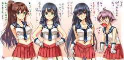 Rule 34 | 10s, 4girls, abo (hechouchou), agano (kancolle), ahoge, alternate hairstyle, aqua eyes, arm behind back, arms behind back, artist name, black hair, blush, braid, breast envy, breasts, brown hair, collarbone, cowboy shot, garter straps, gloves, hair down, hairstyle switch, hands on own hips, kantai collection, long hair, looking at viewer, looking away, midriff, multiple girls, navel, noshiro (kancolle), o o, open mouth, pink background, ponytail, purple hair, red eyes, sakawa (kancolle), school uniform, serafuku, short hair, skirt, small breasts, smile, sweatdrop, tears, translation request, twin braids, very long hair, wavy mouth, white gloves, yahagi (kancolle)