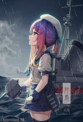 Rule 34 | 1girl, black thighhighs, blue neckerchief, blue sailor collar, blue skirt, character name, cowboy shot, from side, gloves, gradient hair, hat, highres, kantai collection, long hair, machinery, multicolored hair, neckerchief, ocean, open mouth, outdoors, pleated skirt, profile, puffy short sleeves, puffy sleeves, purple eyes, purple hair, rain, rigging, sailor collar, sailor hat, school uniform, serafuku, short sleeves, skirt, smokestack, solo, thighhighs, tsushima (kancolle), twitter username, unidentified nk, water, wet, wet clothes, white gloves, white hat