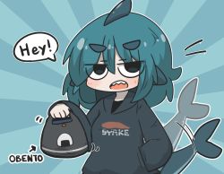 Rule 34 | 1girl, afterimage, arrow (symbol), black hoodie, blue background, blue eyes, blue hair, blush, breasts, commentary request, english text, fins, fish tail, fuka-chan, hair between eyes, hand in pocket, highres, holding, hood, hood down, hoodie, long sleeves, looking at viewer, open mouth, original, puffy long sleeves, puffy sleeves, shark tail, sharp teeth, short eyebrows, small breasts, solo, sunburst, sunburst background, tail, tail wagging, teeth, thick eyebrows, uni souchou