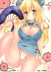 Rule 34 | 1girl, aqua eyes, arm support, atago (kancolle), blonde hair, blue hat, blush, cameltoe, chinese clothes, cleavage cutout, closed mouth, clothing cutout, covered erect nipples, crossed bangs, flower, hair between eyes, hat, hat ribbon, highres, holding, kantai collection, looking at viewer, marker (medium), panties, pink flower, ribbon, saya pr, side-tie panties, sitting, sleeveless, smile, solo, thighs, traditional media, underwear, white panties, white ribbon