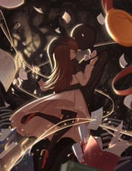 Rule 34 | 1girl, bare tree, black pantyhose, blurry, blush, book, bow, bowtie, brown hair, closed eyes, closed mouth, deemo, deemo (character), depth of field, dress, flying paper, girl (deemo), hand around wrist, hand on another&#039;s chest, headpat, highres, hug, kevin (tiancaimland), long hair, long sleeves, mary janes, medal, open book, pantyhose, paper, profile, red footwear, scroll, shoes, smile, solid oval eyes, standing, tree, white bow, white bowtie, white dress
