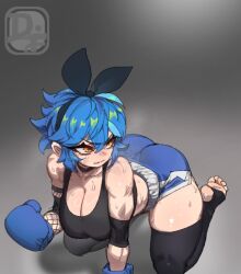 Rule 34 | 1girl, ahoge, all fours, aqua hair, ass, bare shoulders, black background, black bow, black choker, black hairband, black sports bra, blue hair, blue pants, blush, bow, boxing gloves, boxing shorts, breasts, choker, cleavage, collarbone, curvy, defeat, dif (difman), difman, dyed ahoge, elbow gloves, exhausted, feet, frustrated, gloves, gradient background, grey background, hairband, hanging breasts, large breasts, long eyelashes, looking back, midriff, multicolored hair, nose blush, original, pants, shorts, single elbow glove, soles, solo, sports bra, spotlight, sweat, thick thighs, thighs, toes, two-tone hair, white trim, yellow eyes