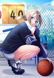 Rule 34 | 1girl, absurdres, alternate hairstyle, ball, basketball (object), fence, highres, jacket, legs, love live!, love live! sunshine!!, ponytail, shoes, sky, solo, squatting, sweater, thighs, watanabe you, yuuyu (sun yuu)