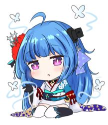 Rule 34 | 1girl, ahoge, azur lane, bailingxiao jiu, black footwear, black gloves, blue hair, blush, boots, bug, butterfly, chibi, flower, full body, gloves, hair flower, hair ornament, helena (azur lane), helena (new year&#039;s bluebird) (azur lane), insect, japanese clothes, kimono, knee boots, long hair, long sleeves, lowres, obi, parted lips, purple eyes, red flower, sash, sitting, sleeves past wrists, solo, thighhighs, very long hair, wariza, white background, white kimono, white thighhighs, wide sleeves