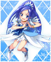 Rule 34 | 1girl, argyle, argyle background, argyle clothes, asymmetrical clothes, bike shorts, bike shorts under skirt, blue background, blue bow, blue eyes, blue hair, blue theme, boots, bow, bracelet, breasts, brooch, checkered background, choker, cleavage, cure diamond, diamond (shape), dokidoki! precure, earrings, heart, heart brooch, highres, hishikawa rikka, jewelry, long hair, magical girl, matching hair/eyes, name connection, object namesake, ponytail, precure, purple hair, shoes, shorts, shorts under skirt, skirt, small breasts, smile, solo, tiara, yone