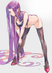 Rule 34 | 1girl, absurdly long hair, arm support, ass, bent over, black thighhighs, bra, breasts, butt crack, cleavage, closed mouth, commentary, doushimasho, dripping, eyes visible through hair, fate/stay night, fate (series), grey background, halterneck, hands on own knees, hanging breasts, high heels, highres, large breasts, legs, legs apart, lingerie, long hair, long legs, looking at viewer, medusa (fate), medusa (rider) (fate), nail polish, panties, purple bra, purple hair, purple nails, purple panties, simple background, smile, solo, square pupils, standing, thighhighs, thighs, underwear, very long hair, wet, wet hair, yellow eyes