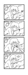 Rule 34 | 1girl, 4koma, blush, breasts, comic, crisis, felarya, giant, giantess, karbo, lying, monochrome, nude, on stomach, open mouth, sleeping, small breasts, tongue, tongue out, vore