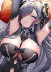 Rule 34 | 1girl, armpits, arms up, august von parseval (azur lane), azur lane, between breasts, blue eyes, blue hair, blush, breasts, cleavage, cleavage cutout, clothing cutout, covered erect nipples, elbow gloves, gloves, hair over one eye, headgear, horns, large breasts, lying, mechanical horns, on back, one eye covered, pontaro18, ribbon, solo, underboob