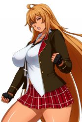 Rule 34 | 10s, 1girl, blonde hair, breasts, clenched teeth, curvy, dark skin, dark-skinned female, covered erect nipples, female focus, large breasts, long hair, looking at viewer, matoyama, miniskirt, navel, parted lips, red eyes, school uniform, shikishima mirei, skirt, solo, standing, teeth, thick thighs, thighs, valkyrie drive, valkyrie drive -mermaid-, very long hair, wide hips