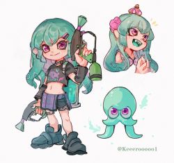 Rule 34 | 1girl, black footwear, black shirt, colored tongue, commentary, cropped shirt, crown, dual wielding, finana ryugu, flower, fusion, green hair, green tongue, gun, hair flower, hair ornament, highres, holding, holding gun, holding weapon, inkling, inkling girl, inkling player character, looking at viewer, midriff, multiple views, navel, nijisanji, nijisanji en, nintendo, octoling girl, octoling player character, open mouth, own hands clasped, own hands together, pink flower, print shirt, purple eyes, shirt, shoes, smile, sneakers, splatoon (series), squid, symbol-only commentary, tentacle hair, twitter username, virtual youtuber, weapon, white background, xiongbingbisata