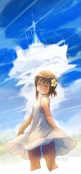 Rule 34 | 1girl, blue sky, brown hair, cloud, commentary request, day, dress, ergot, closed eyes, flower, from behind, fubuki (destroyer), fubuki (kancolle), hair flower, hair ornament, kantai collection, looking back, low ponytail, outdoors, panties, pantyshot, ponytail, short hair, short ponytail, sidelocks, sky, sleeveless, sleeveless dress, smile, solo, sundress, underwear, white dress, white panties