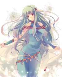 Rule 34 | 1girl, bare shoulders, blue hair, bracelet, dress, fire emblem, fire emblem: the blazing blade, floral background, flower, green hair, hair ornament, hair ribbon, harushino, jewelry, long hair, looking at viewer, ninian, nintendo, red eyes, ribbon, smile, solo