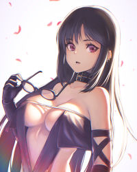 Rule 34 | 1girl, bare shoulders, black dress, black gloves, black hair, breasts, center opening, choker, collarbone, commentary request, dress, ear piercing, elbow gloves, unworn eyewear, fate/grand order, fate (series), glasses, gloves, highres, holding, holding removed eyewear, itaco, jewelry, large breasts, long hair, looking to the side, parted lips, petals, piercing, red eyes, revealing clothes, solo, strapless, strapless dress, upper body, yu mei-ren (fate)