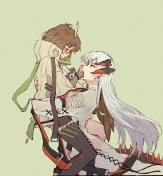 Rule 34 | arknights, armband, blush, bob cut, brown hair, cloak, coat, covering own mouth, dragon tail, earrings, embarrassed, feather hair, feathers, glasses, high collar, horns, jewelry, kumo ryuun, lifting another&#039;s clothes, lifting person, long coat, long hair, looking at viewer, nail polish, platinum blonde hair, saria (arknights), silence (arknights), single thighhigh, smile, stitches, strap, tail, thighhighs, white coat, yellow eyes, yuri