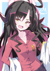 Rule 34 | 1girl, ahoge, black hair, blue archive, buttons, collarbone, fang, highres, horns, huge ahoge, insignia, kasumi (blue archive), long hair, long sleeves, omochishiki, open mouth, red shirt, shirt, skin fang, solo, v-shaped eyebrows, yellow eyes