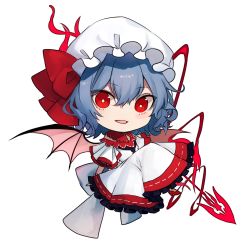 Rule 34 | 1girl, bare shoulders, bat wings, blue hair, chibi, daimaou ruaeru, detached collar, dress, hair between eyes, hat, hat ribbon, high heels, highres, knees up, looking at viewer, mob cap, off-shoulder dress, off shoulder, open mouth, petticoat, polearm, red eyes, red footwear, red ribbon, remilia scarlet, ribbon, short hair, smile, solo, spear, spear the gungnir, touhou, transparent background, weapon, white dress, white hat, wings, wrist cuffs