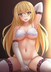 Rule 34 | + +, 1girl, :3, :d, arm up, armpits, bare shoulders, between legs, bikini, blonde hair, blush, breasts, brown eyes, cleavage, collarbone, commentary, drooling, elbow gloves, front-tie bikini top, front-tie top, gloves, groin, highres, kazenokaze, large breasts, long hair, looking at viewer, navel, nose blush, open mouth, shokuhou misaki, sitting, skindentation, smile, solo, spider web print, stomach, string bikini, sweat, swimsuit, thighhighs, toaru kagaku no railgun, toaru majutsu no index, white bikini, white gloves, white thighhighs