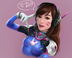 Rule 34 | 1girl, animal print, blue bodysuit, bodysuit, bracer, breasts, brown eyes, brown hair, character name, d.va (overwatch), facepaint, facial mark, gloves, headphones, heart, high collar, highres, joshua carrenca, long hair, looking at viewer, nose, open mouth, overwatch, overwatch 1, pilot suit, pink lips, purple background, rabbit print, ribbed bodysuit, shoulder pads, simple background, skin tight, small breasts, smile, solo, speech bubble, spoken heart, swept bangs, upper body, whisker markings, white gloves