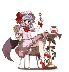 Rule 34 | 1girl, amonitto, arm up, ascot, bat wings, brooch, cake, chair, cup, dress, fang, flower, food, food on face, fork, full body, hat, unworn hat, hat ribbon, unworn headwear, jewelry, mob cap, open mouth, pink dress, plant, puffy sleeves, red eyes, red flower, red footwear, red rose, remilia scarlet, ribbon, rose, shoes, short sleeves, simple background, sitting, smile, solo, sparkle, strawberry shortcake, table, teacup, teapot, touhou, vines, white background, wings, wrist ribbon