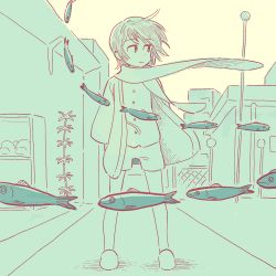 Rule 34 | 1girl, closed mouth, commentary request, fish, flying fish, full body, jacket, lamppost, limited palette, long sleeves, looking to the side, muji (uimss), original, outdoors, road, scarf, shirt, short hair, shorts, solo, standing, street
