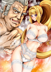 Rule 34 | 1boy, 1girl, areola slip, arms behind back, bare arms, blonde hair, blunt bangs, blush, bra, breasts, cleavage, closed mouth, collarbone, cowboy shot, garter belt, gundam, gundam tekketsu no orphans, high ponytail, itachou, kudelia aina bernstein, lace, lace-trimmed bra, lace-trimmed legwear, lace-trimmed panties, lace trim, large breasts, lingerie, long hair, looking at viewer, nose blush, old, old man, panties, parted lips, purple eyes, see-through, smile, sweat, thighhighs, underwear, underwear only, very long hair, white bra, white panties, white thighhighs