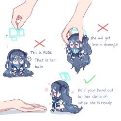 Rule 34 | &gt; &lt;, 1girl, 1other, :o, absurdly long hair, aqua halo, aris (blue archive), arrow (symbol), black hair, black hairband, black skirt, black socks, blue archive, blue eyes, blue halo, blue necktie, blush, checkmark, chibi, closed eyes, commentary, disembodied hand, english text, hair between eyes, hairband, halo, highres, holding, how to hold x (meme), jacket, kaoling, long hair, meme, mini person, minigirl, multiple views, necktie, one side up, open mouth, pleated skirt, sideways mouth, sitting, skirt, socks, very long hair, walking, white background, white footwear, white jacket, x