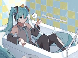 Rule 34 | 1girl, absurdres, aqua eyes, aqua hair, aqua nails, aqua necktie, bare shoulders, bath, bathtub, black sleeves, black thighhighs, collared shirt, commentary, detached sleeves, grey shirt, hair between eyes, hand up, hatsune miku, headphones, highres, indoors, long hair, long sleeves, looking at object, mikuni144, musical note, necktie, open mouth, rubber duck, shirt, sitting, sleeveless, sleeveless shirt, smile, solo, spoken musical note, symbol-only commentary, thighhighs, twintails, very long hair, vocaloid