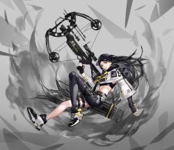 Rule 34 | 1girl, arrow (projectile), asymmetrical clothes, belt, black gloves, black hair, black pants, black sports bra, bow (weapon), capelet, elbow gloves, eyelashes, floating, gloves, hat, highres, holding, holding bow (weapon), holding weapon, long hair, long sleeves, original, pants, ponytail, shoes, simple background, single pantsleg, solo, sports bra, thigh strap, very long hair, weapon, white capelet, youngmoon 99