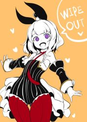 Rule 34 | 1girl, rabbit hair ornament, character name, commentary request, detached sleeves, english text, fang, hair ornament, necktie, open mouth, pantyhose, purple eyes, short hair, simple background, solo, thighhighs, warship girls r, yamoto, yellow background