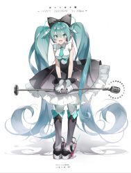 Rule 34 | 1girl, :d, absurdly long hair, absurdres, aqua eyes, aqua hair, aqua necktie, black bow, black skirt, boots, bow, character name, dated, e (h798602056), english text, frilled skirt, frills, full body, gloves, hair between eyes, hair bow, happy birthday, hatsune miku, headphones, highres, holding, holding microphone stand, long hair, magical mirai miku, magical mirai miku (2016), microphone, microphone stand, necktie, open mouth, shadow, shirt, skirt, smile, solo, standing, twintails, very long hair, vocaloid, white background, white gloves, white shirt