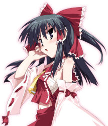 Rule 34 | 1girl, :o, ascot, black hair, blue eyes, blush, bow, detached sleeves, female focus, frills, hair bow, hakurei reimu, long sleeves, looking afar, mountain of faith, parted lips, red bow, red skirt, simple background, skirt, solo, touhou, upper body, vest, white background