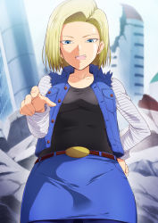 Rule 34 | 1girl, android 18, belt, black shirt, blonde hair, blue eyes, blue jacket, blue skirt, blurry, blurry background, bob cut, breasts, building, cowboy shot, destruction, dragon ball, dragonball z, earrings, female focus, from below, hand on own hip, hand up, highres, hoop earrings, index finger raised, jacket, jewelry, kaiga, legs, looking at viewer, medium breasts, open clothes, open jacket, open mouth, outdoors, pointing, raglan sleeves, shirt, short hair, skirt, smile, solo, standing, teeth, thighs, upper teeth only