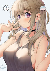 Rule 34 | 1girl, 2020, ?, bare shoulders, black choker, blush, breasts, brown hair, choker, cleavage, collarbone, commentary request, covered erect nipples, dated, eyelashes, fingernails, geshumaro, grey tank top, hair between eyes, hair ornament, hairclip, hands up, highres, large breasts, long hair, looking at viewer, nail polish, no bra, one side up, original, parted lips, pink nails, purple eyes, sidelocks, signature, solo, spoken question mark, tank top, teeth, upper body