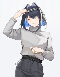 Rule 34 | 1girl, belt, belt buckle, blue hair, buckle, chain, chain headband, closed eyes, hair intakes, head chain, highres, holding, holding pocket watch, hololive, hololive english, jewelry, lendivere, ouro kronii, parted lips, pocket watch, short hair, teeth, twitter username, virtual youtuber, watch