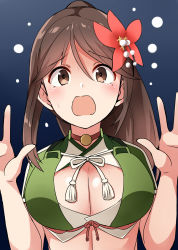 Rule 34 | 1girl, amagi (kancolle), blue background, breasts, brown eyes, brown hair, cleavage, dated, flower, flying sweatdrops, hair flower, hair ornament, highres, japanese clothes, kamelie, kantai collection, large breasts, long hair, mole, mole under eye, one-hour drawing challenge, open mouth, red flower, sidelocks, signature, simple background, solo, sweat, tearing up, tears, upper body