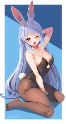 Rule 34 | 1girl, animal ears, arm behind head, bare shoulders, blue background, blue hair, border, breasts, brown pantyhose, cleavage, commentary request, female focus, full body, hololive, hololive fantasy, leotard, long hair, looking at viewer, marota, medium breasts, one eye closed, open mouth, pantyhose, playboy bunny, rabbit ears, rabbit girl, rabbit tail, red eyes, simple background, solo, tail, twitter username, two-tone background, usada pekora, usada pekora (1st costume), very long hair, virtual youtuber, white background, white border