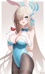 Rule 34 | 1girl, absurdres, alcohol, animal ears, asuna (blue archive), asuna (bunny) (blue archive), black pantyhose, blue archive, blue eyes, blue halo, blue leotard, blue ribbon, blush, breasts, cowboy shot, cup, detached collar, drinking glass, fake animal ears, gloves, hair over one eye, hair ribbon, halo, highres, holding, holding cup, large breasts, leotard, light brown hair, long hair, mole, mole on breast, official alternate costume, open mouth, pantyhose, poinia, rabbit ears, ribbon, solo, strapless, strapless leotard, twitter username, white gloves, wine, wine glass