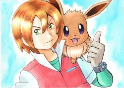 Rule 34 | 1boy, :d, blonde hair, blue background, bracelet, closed mouth, commentary request, creatures (company), eevee, game freak, gen 1 pokemon, gloves, green eyes, green shirt, grey gloves, hair between eyes, hand up, highres, jacket, jewelry, male focus, nintendo, oka mochi, on shoulder, open mouth, pokemon, pokemon (anime), pokemon (creature), pokemon bw (anime), pokemon on shoulder, purple eyes, shirt, short hair, short sleeves, smile, tongue, traditional media, upper body, virgil (pokemon)