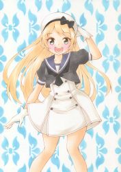 Rule 34 | 1girl, absurdres, black eyes, blonde hair, blue background, blue sailor collar, dress, feet out of frame, furuta tomohiro, gloves, hat, highres, jervis (kancolle), kantai collection, long hair, marker (medium), mary janes, open mouth, round teeth, sailor collar, sailor dress, sailor hat, salute, shoes, skirt hold, smile, solo, standing, teeth, traditional media, upper teeth only, white dress, white gloves, white hat