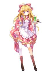 Rule 34 | 1girl, ahoge, apron, bad id, bad pixiv id, bendy straw, blonde hair, blush, boots, bow, cross-laced footwear, cup, cupcake, drinking straw, food, fruit, full body, hair bow, highres, japanese clothes, jiji (381134808), kimono, lace-up boots, lemon, lemon slice, long hair, looking at viewer, original, purple eyes, simple background, single thighhigh, solo, thighhighs, tray, white background, white thighhighs