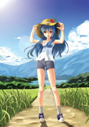 Rule 34 | 1girl, :d, bike shorts, blue hair, brown eyes, casual, day, erusen (des-arms), hands on headwear, hat, highres, looking at viewer, mountain, open mouth, original, shoes, sky, smile, solo