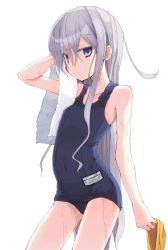 Rule 34 | 10s, 1girl, blue eyes, collarbone, hibiki (kancolle), kantai collection, long hair, mochiki, one-piece swimsuit, school swimsuit, silver hair, solo, swimsuit, towel, verniy (kancolle), very long hair, wet