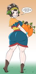 Rule 34 | 1girl, absurdres, adapted costume, aeolus, ass, black hair, blush, boots, brown eyes, from behind, gradient background, grass, grin, hairband, highres, holding, holding pumpkin, holding vegetable, kina (zelda), looking at viewer, looking back, multicolored hair, nintendo, orange background, plant, pumpkin, skirt, smile, solo, the legend of zelda, the legend of zelda: skyward sword, tiptoes, twisted torso, two-tone hair, vines, white hair